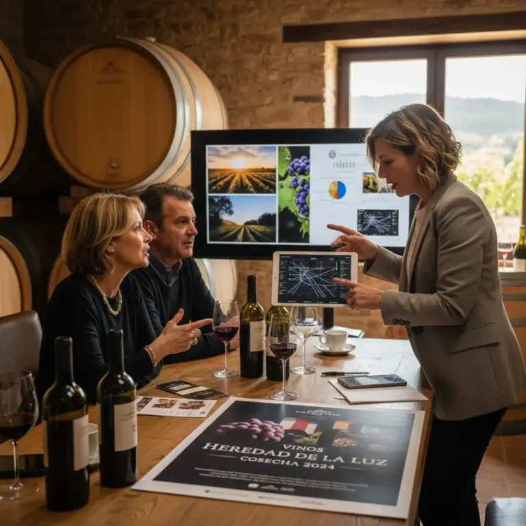 Presentación de estrategia de marketing de vinos en una bodega, con tres personas reunidas alrededor de una mesa con botellas y copas de vino, mientras una mujer muestra gráficos en una tablet frente a una pantalla con imágenes de viñedos y uvas.