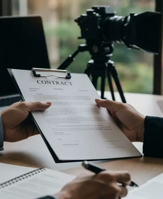 Primer plano de una reunión en la que una persona entrega un contrato sobre un portapapeles a otra que se dispone a firmarlo, con una cámara de vídeo profesional desenfocada al fondo sobre un trípode.