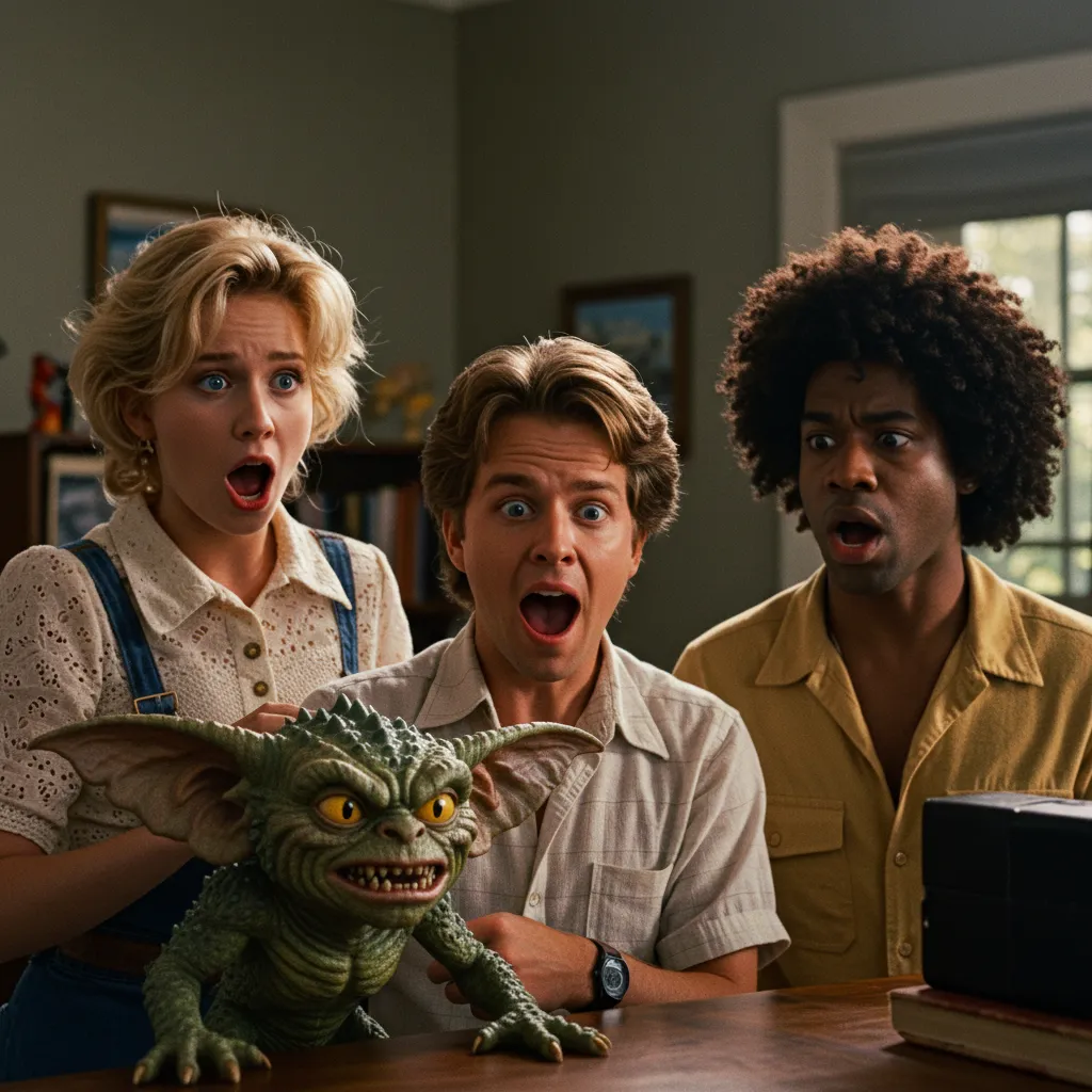 Escena de estilo ochentero en la que tres adolescentes miran sorprendidos a una pequeña criatura verde de aspecto travieso con grandes orejas y ojos amarillos, sobre una mesa en el interior de una casa.