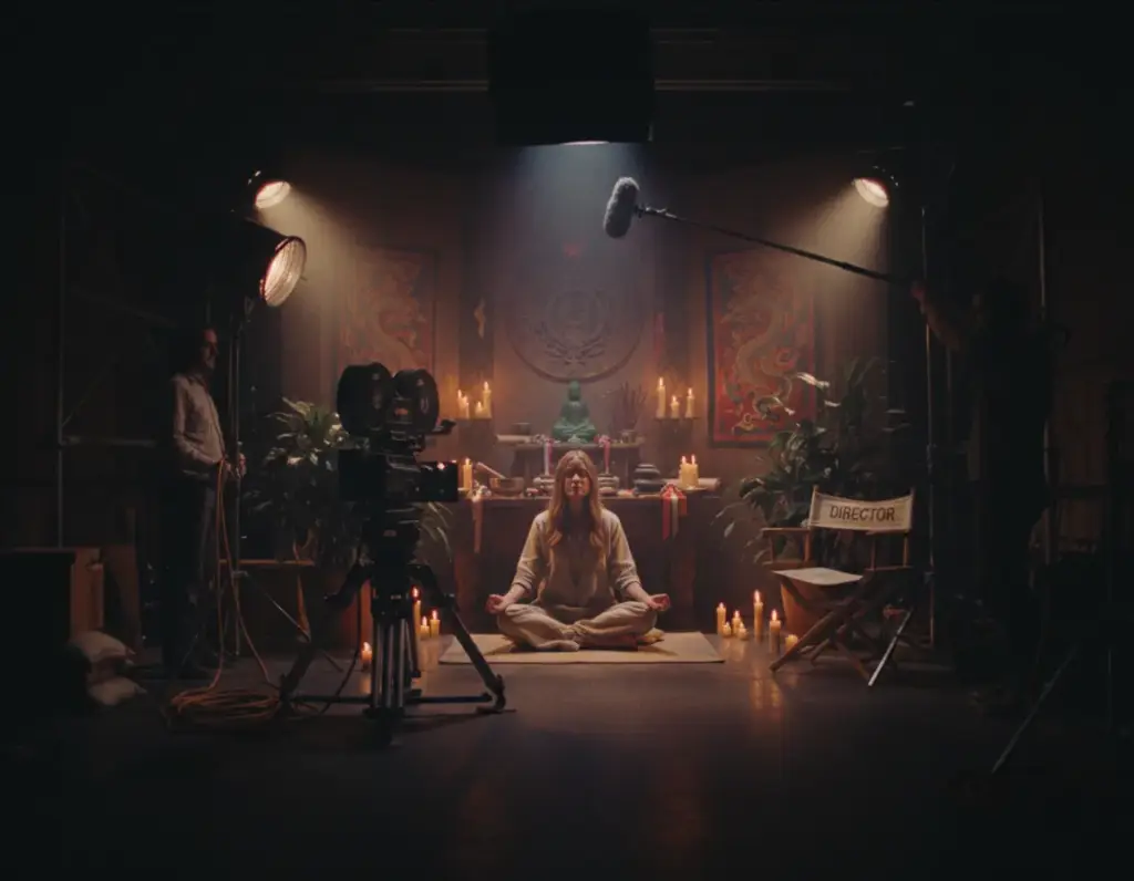 Escena cinematográfica en un plató decorado como altar místico, con una mujer sentada en postura de meditación rodeada de velas y una estatua verde al fondo, mientras el equipo de rodaje la filma con cámara de cine y pértiga de sonido.