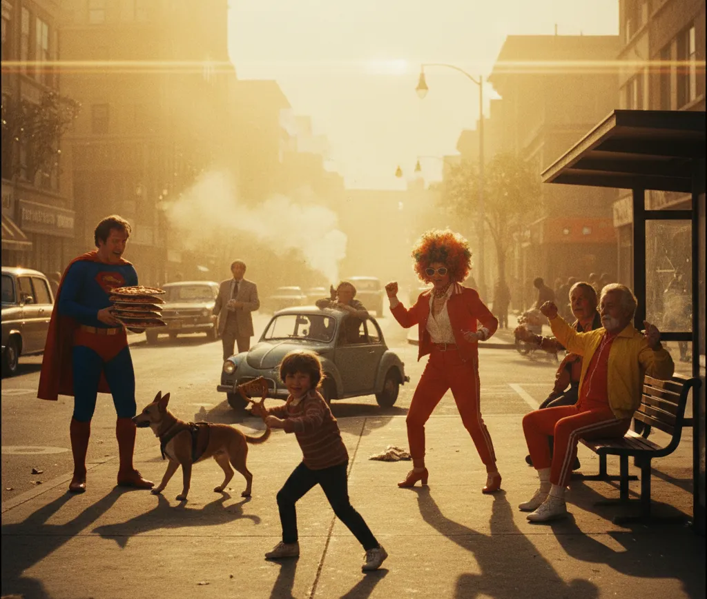 Escena urbana de estilo cinematográfico al atardecer, con un niño jugando en medio de la calle mientras un hombre disfrazado de superhéroe reparte pizzas, un perro observa y varios personajes extravagantes interactúan entre coches clásicos y una parada de autobús.