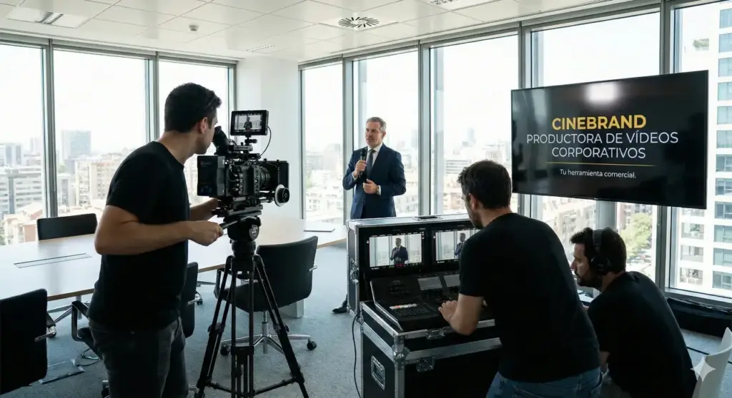 Rodaje de vídeo corporativo en una sala de reuniones con grandes ventanales, donde un directivo trajeado habla a cámara mientras un equipo técnico graba y realiza la pieza, con un monitor que muestra el logo de CINEBRAND y el texto ‘Productora de vídeos corporativos’.