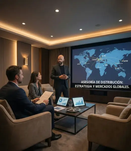 Reunión estratégica en una sala tipo screening donde un consultor presenta en una gran pantalla un mapa mundial con rutas de distribución, bajo el texto ‘Asesoría de distribución: estrategia y mercados globales’, frente a dos ejecutivos con portátiles y gráficos.