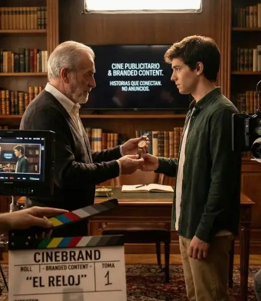 Rodaje de una escena de 'branded content' para Cinebrand en una biblioteca, donde dos actores intercambian un reloj mientras un equipo de producción, con miembros de pelo rosa, filma la toma.