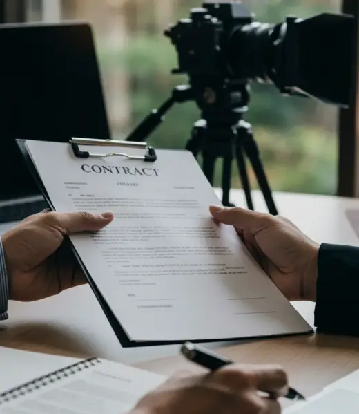 Primer plano de una reunión en la que una persona entrega un contrato sobre un portapapeles a otra que se dispone a firmarlo, con una cámara de vídeo profesional desenfocada al fondo sobre un trípode.