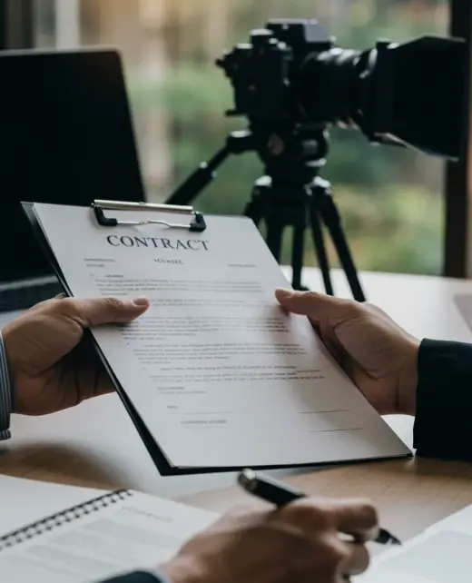 Primer plano de una reunión en la que una persona entrega un contrato sobre un portapapeles a otra que se dispone a firmarlo, con una cámara de vídeo profesional desenfocada al fondo sobre un trípode.