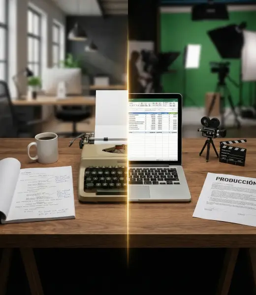 Imagen conceptual dividida que muestra el contraste entre la escritura creativa de guiones (máquina de escribir, libreto) y la logística de producción audiovisual (laptop con presupuesto, cámara, set de rodaje).